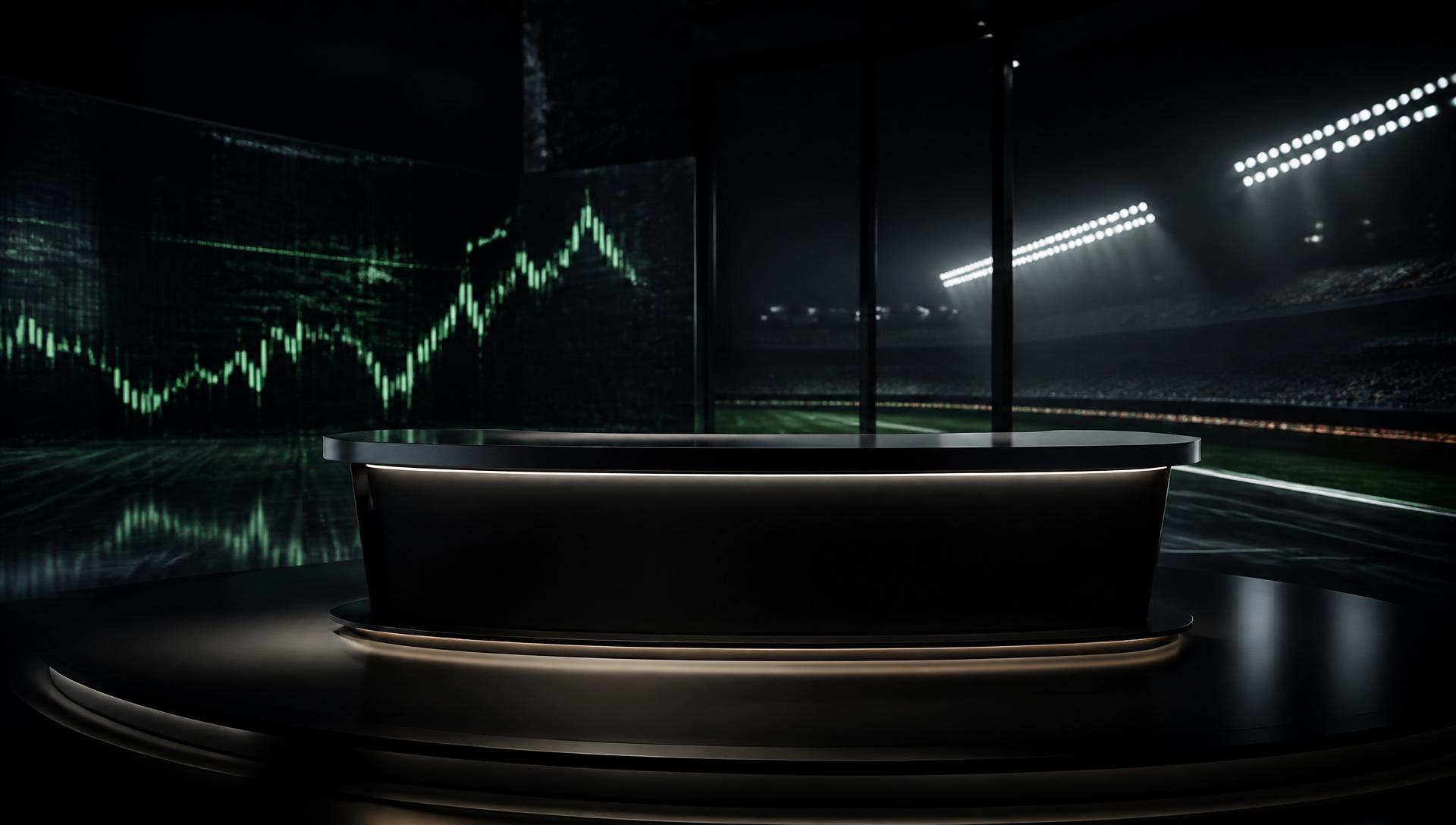 A darkened sports broadcast studio desk with a financial chart on screen